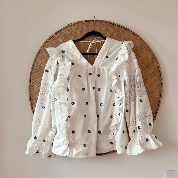 LUG VON SIGA WHITE/BLUE COTTAGE-CORE EMBROIDERED FLORAL CARLA V-NECK‎ BOHEMIAN - Picture 9 of 11